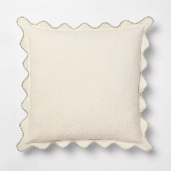 Threshold Studio McGee Square Herringbone w/ Scalloped Edge Pillow Green - Picture 1 of 6